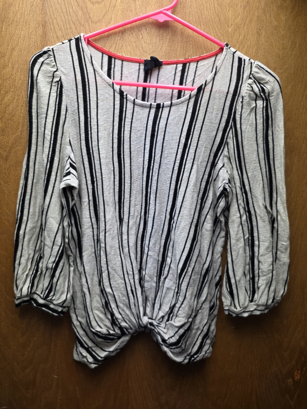 W5 Black and White Vertical Stripe Knot-Hem Blouse